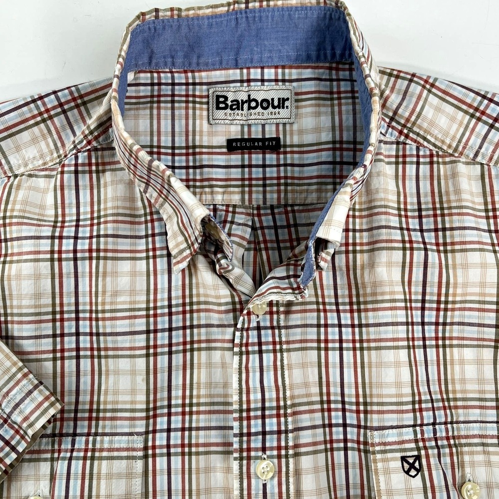 Barbour Short Sleeve Two Pocket Plaid Shirt Button Down Brown Beige L